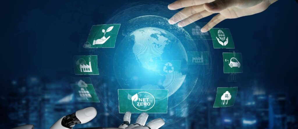 Eine menschliche Hand und eine Roboterhand halten ihre Hände um eine computergenerierte Erde, darum herum schweben Symbole zum Thema Nachhaltigkeit.