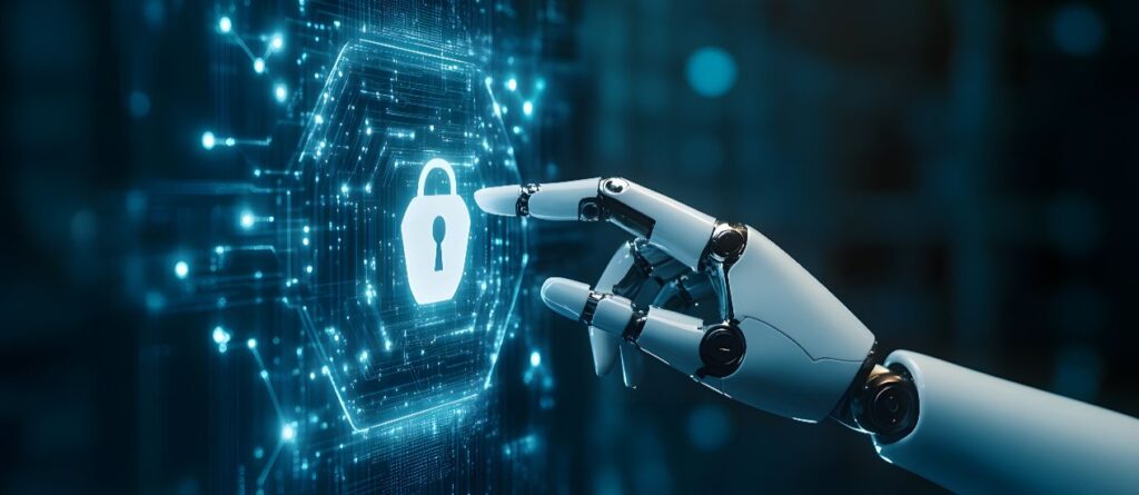 Roboterhand tippt auf digitales Schloss-Symbol als Darstellung von KI und Datensicherheit