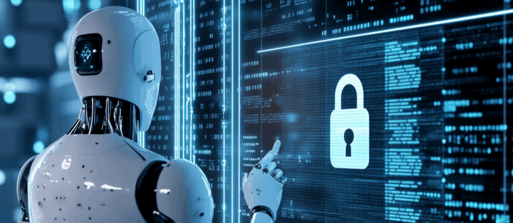 Roboter vor digitalem Sicherheitssystem mit Schloss-Symbol als Darstellung von KI und Datenschutz