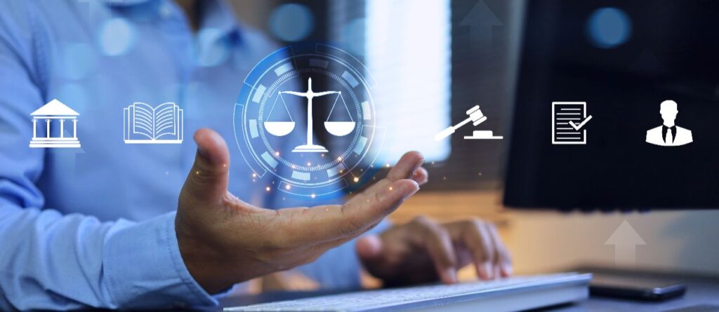 Symbolische Darstellung von KI und Ethik mit Waage, Gesetzes-Icons und einer Person, die am Computer arbeitet